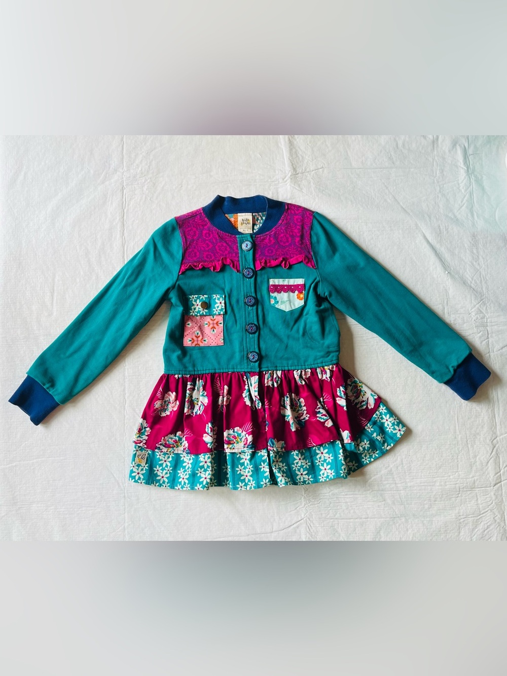 Wildflowers button up teal, pink, purple, white light weight peplum jacket